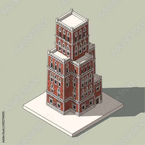 Isometric illustration of a traditional red brick building with detailed windows