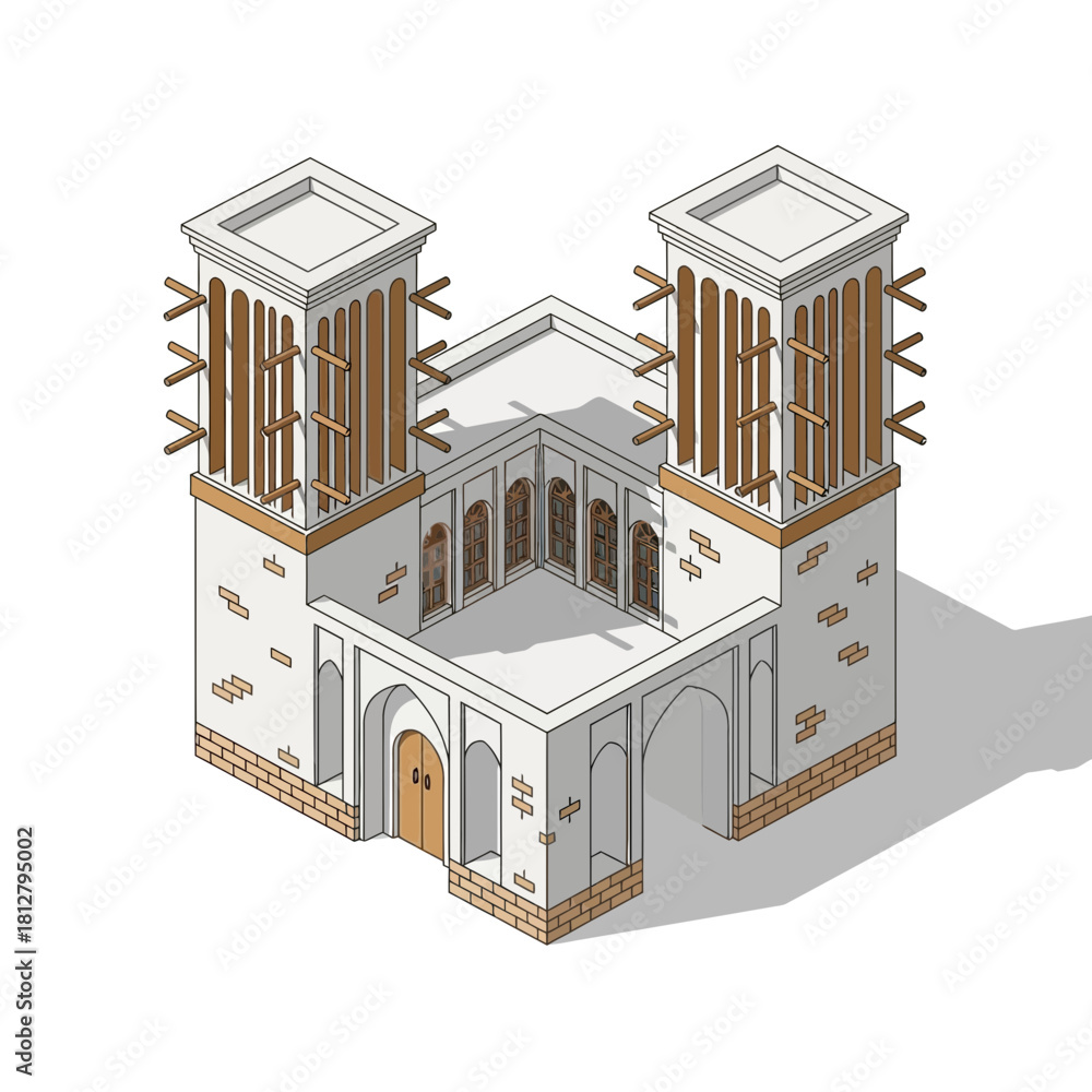 Naklejka premium Isometric Illustration of Traditional Persian Architecture Windcatcher Design