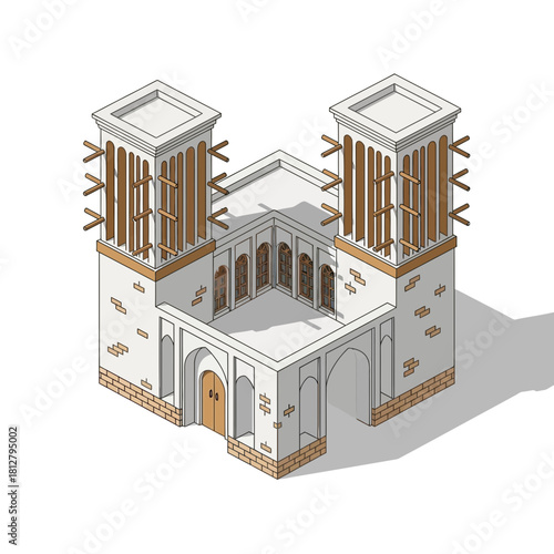 Isometric Illustration of Traditional Persian Architecture Windcatcher Design