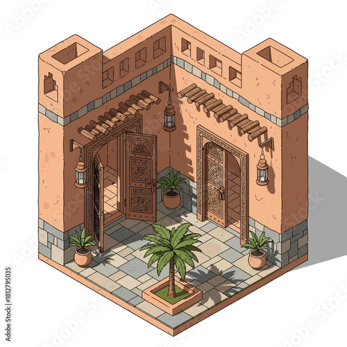 Isometric Moroccan courtyard illustration with traditional architecture details