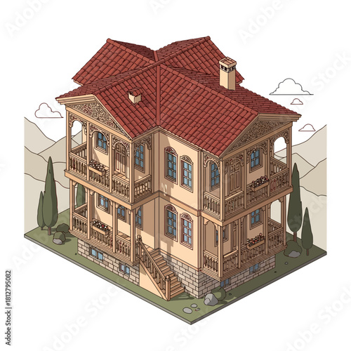 Isometric projection of a traditional house with balconies and red tiled roof