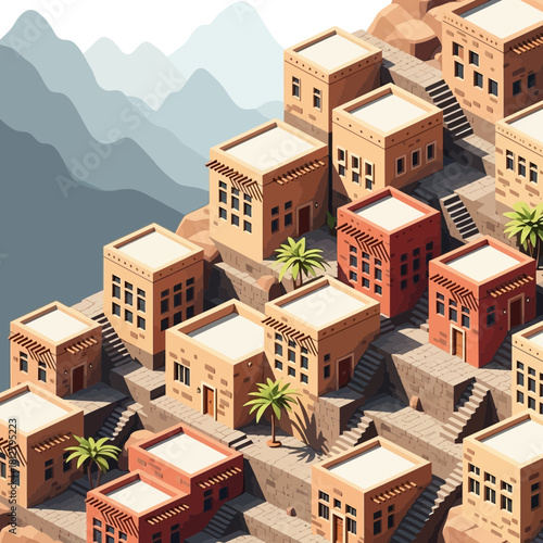 Isometric traditional arabian cityscape built on a mountainside with stairs