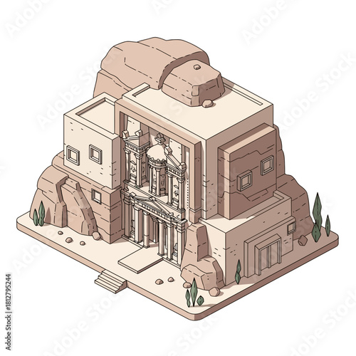 Isometric vector illustration of Petra's Al-Khazneh treasure monument