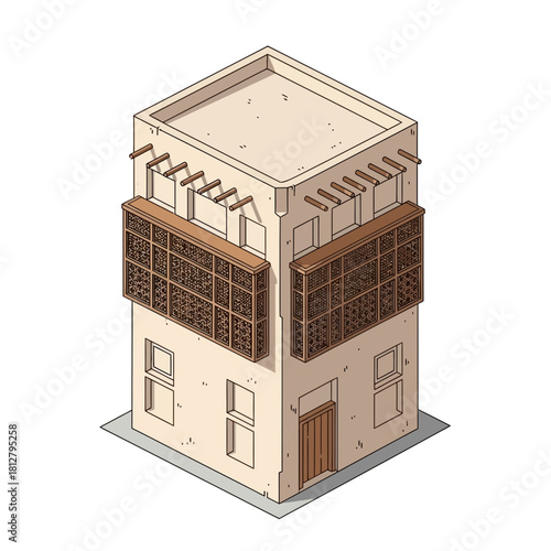 Isometric vector illustration of traditional Arabian architecture facade style