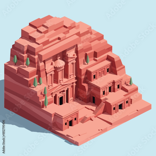 Isometric view of ancient city, carved in rock, historical site illustration