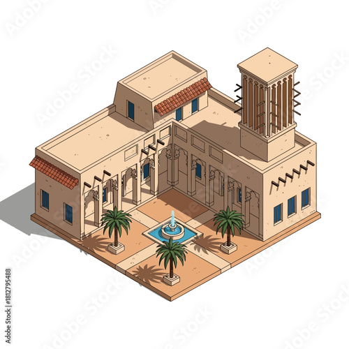 Stylized isometric rendering of a traditional Arab courtyard dwelling