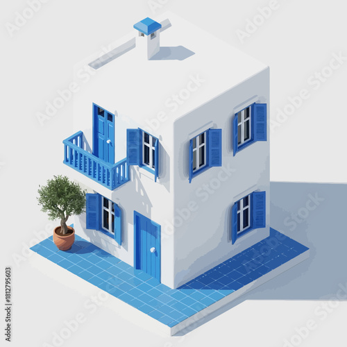 Isometric Greek Villa with Olive Tree: A minimalist architectural render