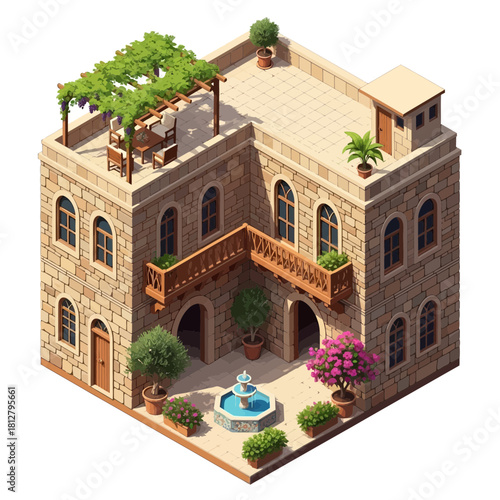 Charming mediterranean villa illustration with courtyard and rooftop terrace