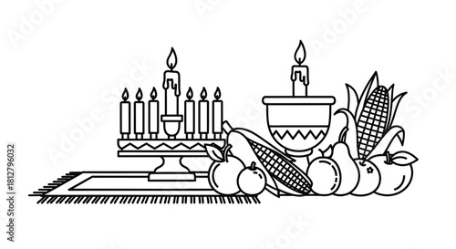 Black and white illustration featuring a menorah fruits corn and other symbolic elements
