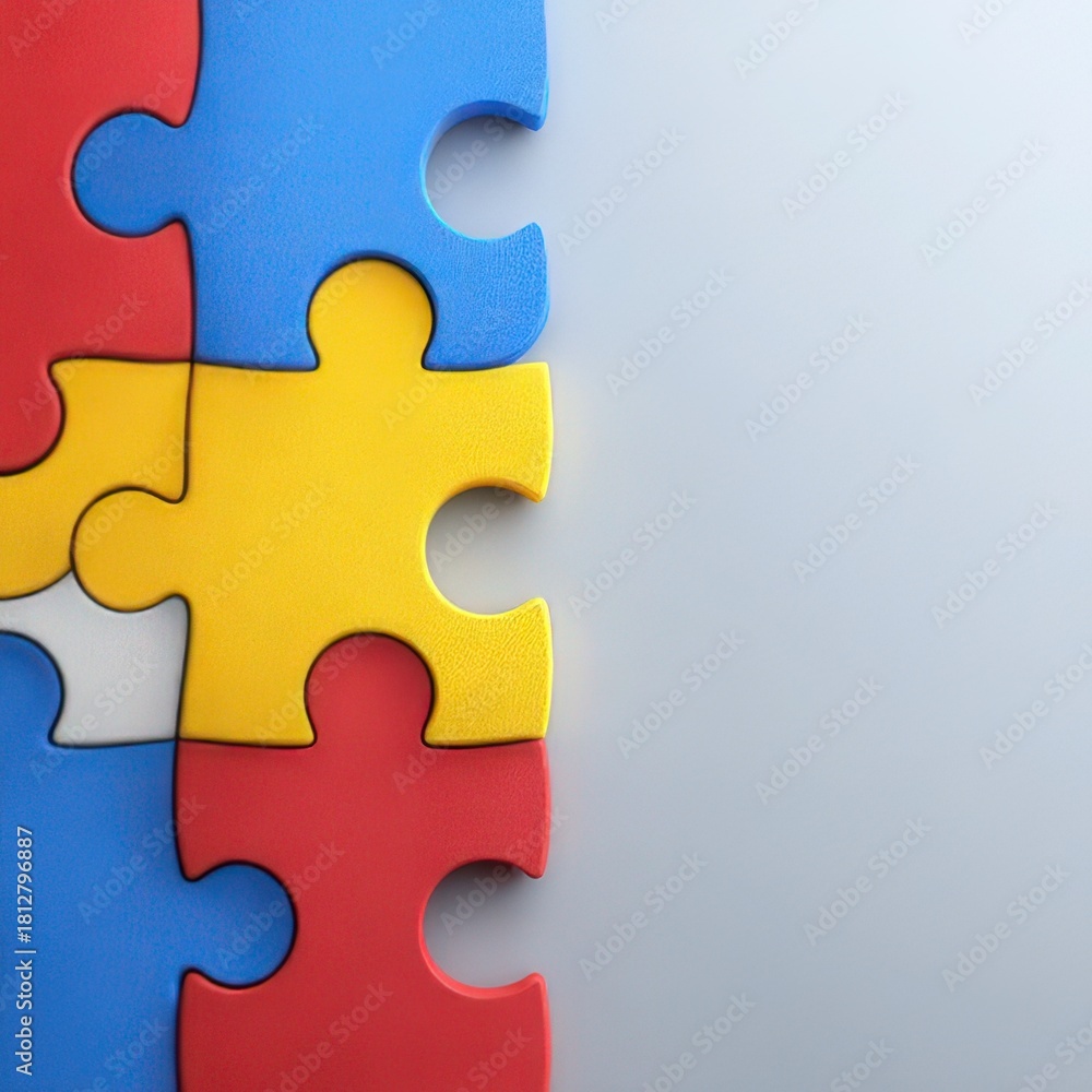 Obraz premium Colorful Interlocking Jigsaw Puzzle Pieces on Plain Background with Generous Copy Space for Problem Solving Concept