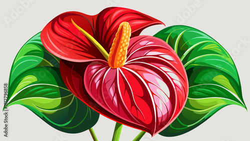 Very beautiful close-up illustration of a vibrant red anthurium with glossy petals, smooth heart-shaped spathe, and detailed spadix, presented in a clean botanical style suitable for stock use.