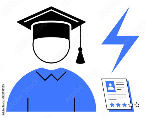 Graduate in mortarboard with resume and lightning bolt. Ideal for education, career growth, job search, achievement, personal development, potential, recruitment. Simple flat metaphor