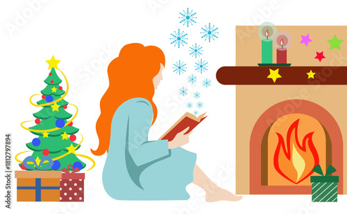 Red-haired girl by fireplace reading holiday tale, pastel tree and glowing gifts — cozy flat vector for cards, books, blogs