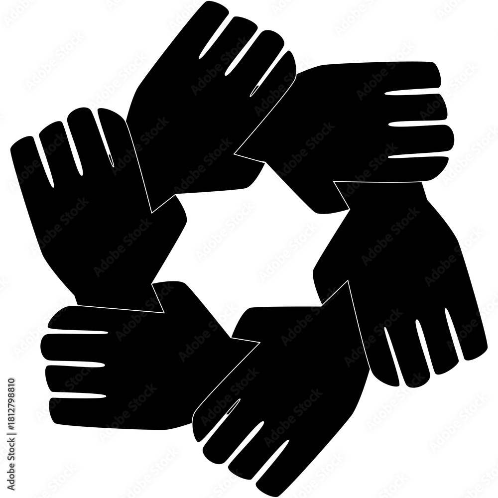 Obraz premium Six Black Hands Forming a Circular Shape with Open Palms and Visible Fingers Against a Transparent Background Symbolizing Unity and Cooperation
