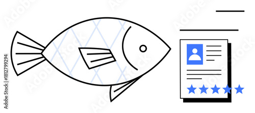 Fish icon next to personal profile document with star ratings emphasizes phishing risks and digital security. Ideal for identity protection, cybersecurity, data safety, fraud prevention, online