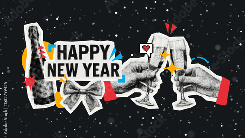 Trendy collage vector of Champagne bottle and two hands toasting with glasses. Happy New Year celebration concept against snowy background for greeting card.