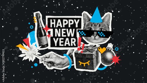 Trendy halftone collage of Happy New Year celebration elements with cat and champagne. Festive design for greeting card or banner.