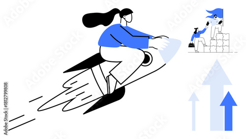 Woman flying a rocket symbolizes innovation and ambition, supported by a team stacking blocks and upward arrows. Ideal for success, growth, teamwork, startups, motivation, leadership, empowerment
