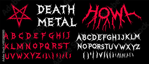 Death metal vector kit with jagged, spiky fonts in white and red, featuring a red pentagram, dramatic letterforms, and bold black background. Aggressive and dark style, heavy metal and horror vibes.