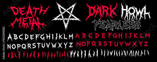 Big set of jagged, spiky death metal fonts in white and red on a black background, with chaotic, aggressive shapes. The style is dark, bold, and energetic, ideal for metal music themes.