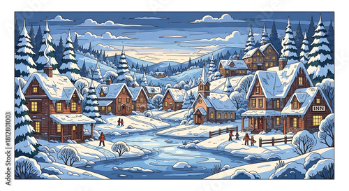 Serene winter village landscape illustration with snow-covered houses and a river