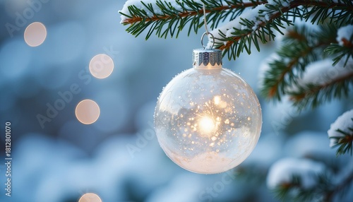 Clear Christmas ornament with internal light hanging on snow-covered fir branch. Festive winter decoration for holiday season.