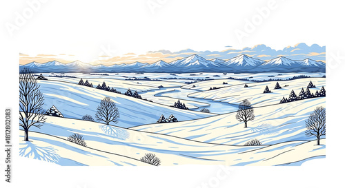 Winter landscape with snow covered hills and distant mountain range.