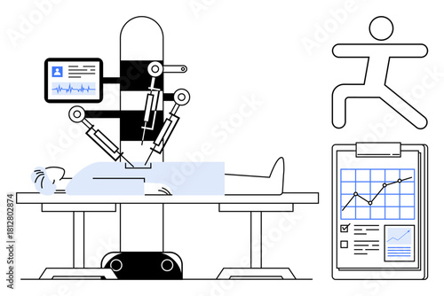 Robotic arms performing surgery on patient with medical monitor, chart tracking health data, recovery icon. Ideal for healthcare, innovation, technology, data analysis, recovery AI progress. Simple