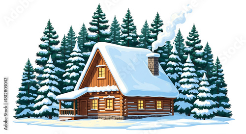 Cozy log cabin retreat nestled among snow-covered pine trees, winter scenery