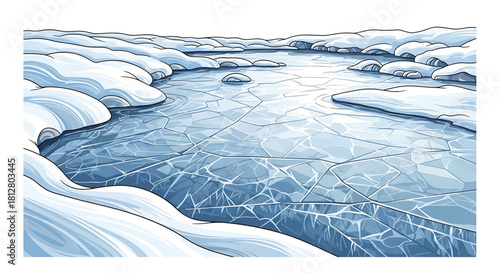 Frozen Arctic Landscape with Cracked Ice and Snow-Capped Hills.