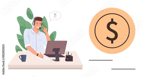 Male worker in headset at desk assisting over phone, large dollar sign signifies financial discussion. Ideal for communication, support, sales, remote work, customer care, finance, simple flat