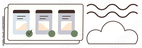 Document tabs with progress indicators, cloud, and wave lines. Ideal for workflow, productivity, file sharing, task tracking, remote collaboration cloud storage and organization. A simple flat