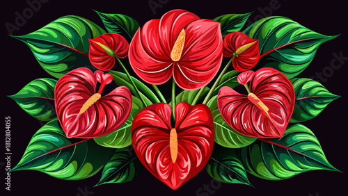 Very beautiful flat-lay arrangement of bright red anthurium spathes displayed symmetrically with glossy studio lighting, showing smooth botanical texture and tropical shine on a deep black background.