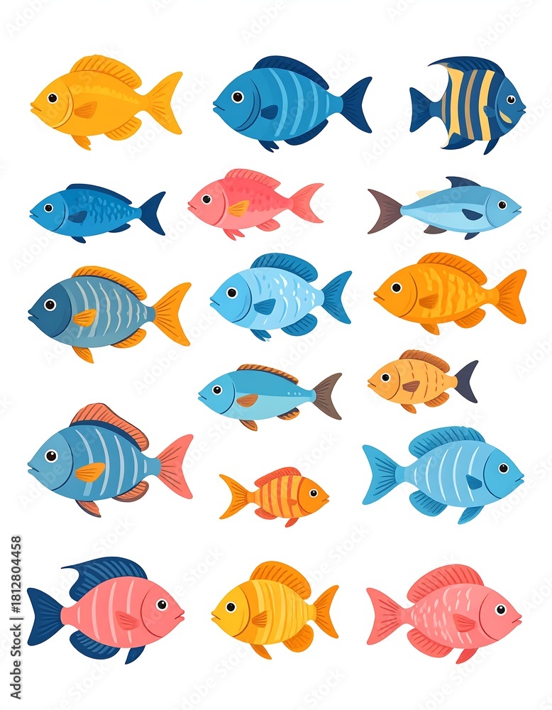 Fototapeta premium Collection of colorful cartoon fish swimming in a clear ocean.
