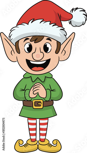 “Cute Christmas elf cartoon with pointy ears, Santa hat, green outfit, striped leggings, and cheerful expression. Festive holiday character illustration on a clean white background, perfect for season