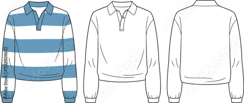 Striped rugby pullover fashion flat, technical garment sketch with collar placket and ribbed cuffs, casual athletic apparel sewing pattern illustration