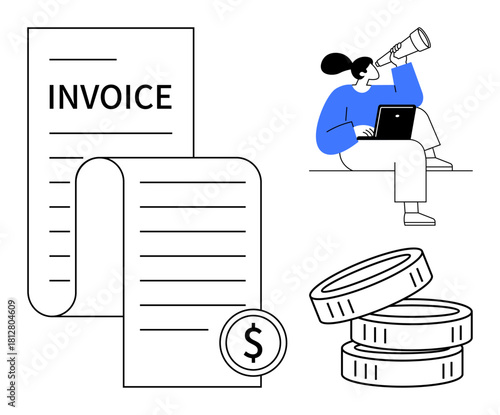 Invoice document, stacked coins, and person viewing through telescope with laptop. Ideal for accounting, budgeting, finance management, business, savings income tracking investments. Simple flat