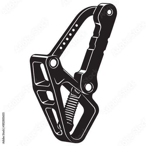 Black and white vector illustration of a modern climbing belay and rappel device, showing the essential safety gear for rock climbing, mountaineering, rescue operations, and working at height.