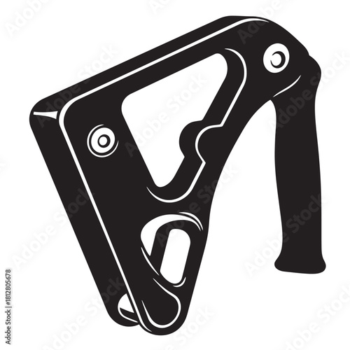 Black and white vector illustration of a modern climbing belay and rappel device, showing the essential safety gear for rock climbing, mountaineering, rescue operations, and working at height.