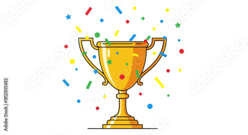 Golden winner trophy cup with falling colorful confetti illustration.