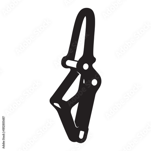 Black and white vector illustration of a modern climbing belay and rappel device, showing the essential safety gear for rock climbing, mountaineering, rescue operations, and working at height.