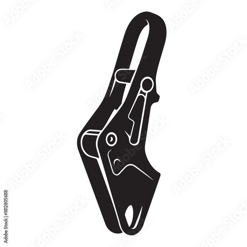 Black and white vector illustration of a modern climbing belay and rappel device, showing the essential safety gear for rock climbing, mountaineering, rescue operations, and working at height.