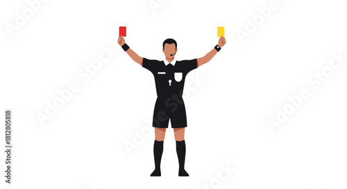 Soccer referee showing red and yellow cards in a game.