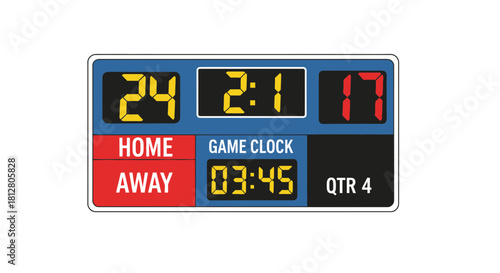 Football scoreboard displaying the games current score and time remaining in the fourth quarter.