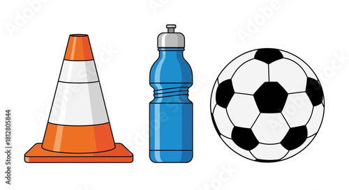Orange traffic cone blue water bottle and soccer ball isolated on white background.