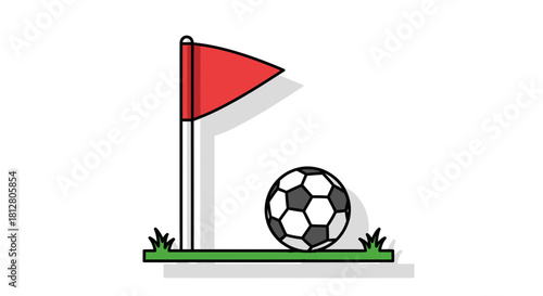 Soccer Corner Flag and Ball Illustration on Green Grass.