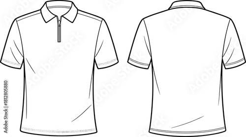 Quarter-zip polo shirt fashion flat, technical garment sketch with short sleeves and clean athletic silhouette, apparel sewing pattern illustration