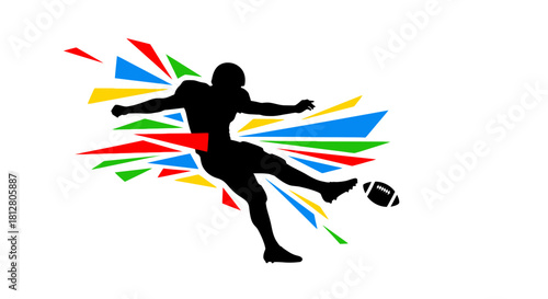Dynamic Silhouette of American Football Player Kicking Ball with Colorful Geometric Explosion.