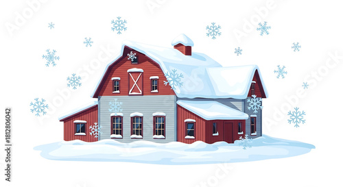 Charming snow-covered barn illustration surrounded by light blue snowflakes against white background.