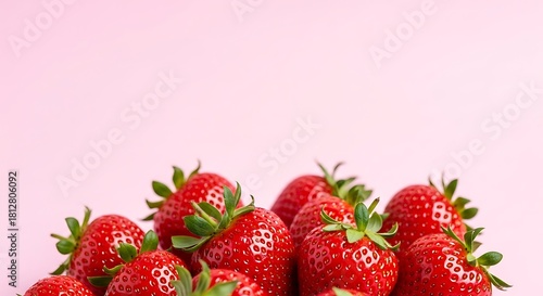 Pile of fresh strawberries on a light pink backdrop create a summer vibe